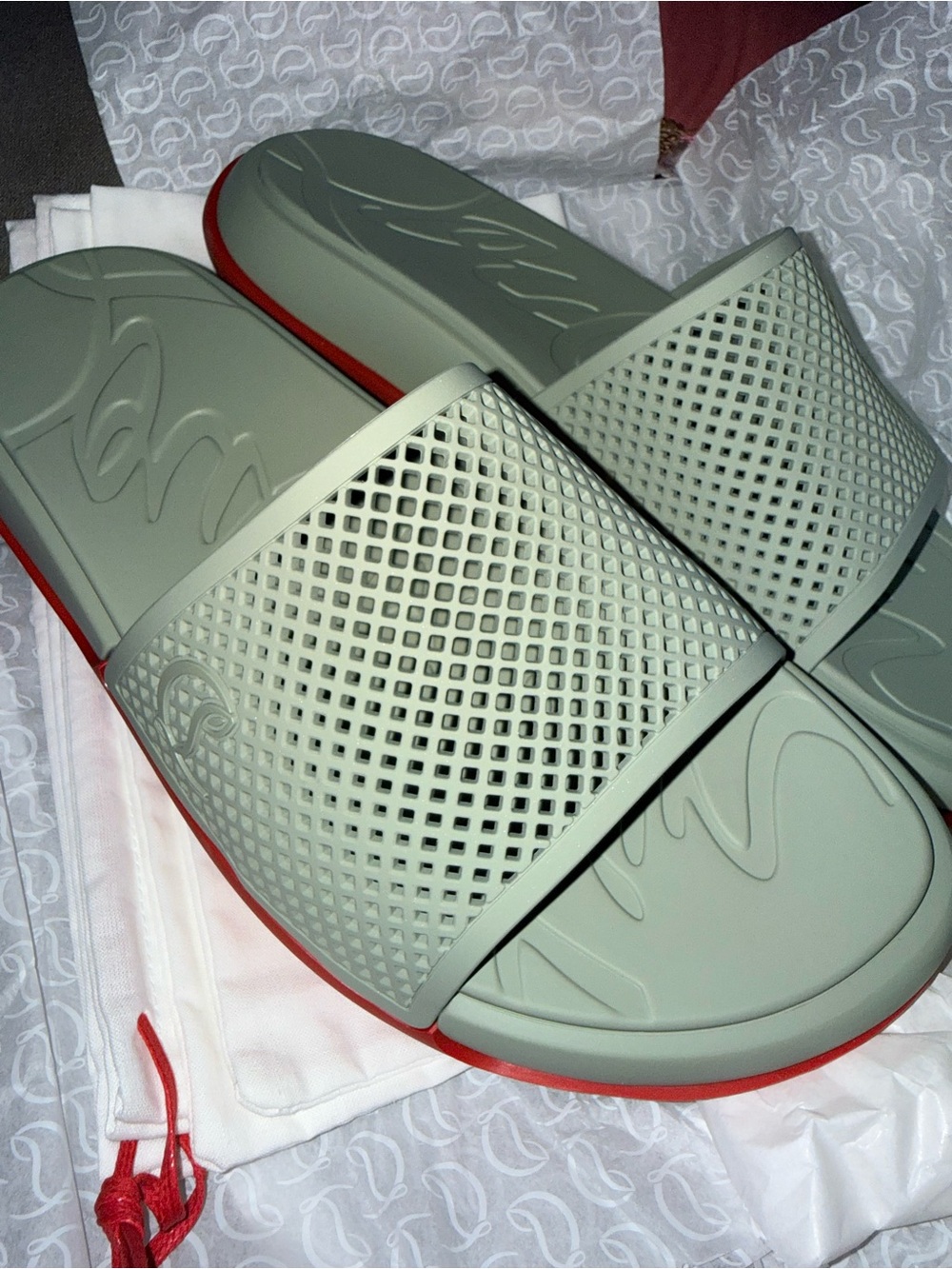 Light Sage Green Slip-On Slide Sandals with Red Soles